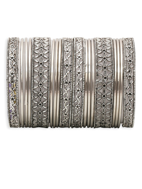 OOMPH Set Of 18 Silver Plated Oxidised Floral Design Bangles - Image 2