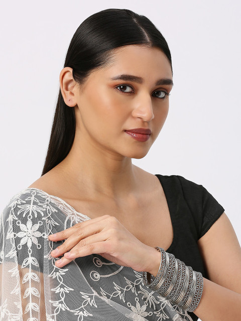 OOMPH Set Of 18 Silver Plated Oxidised Floral Design Bangles - Image 5