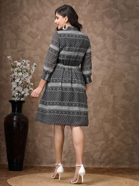 Nayam By Lakshita Floral Print Tie-Up Neck Puff Sleeve A-Line Dress - Image 5