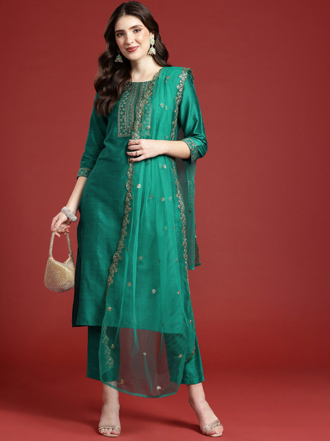 Anouk Ethnic Motifs Embroidered Kurta with Trousers & Dupatta