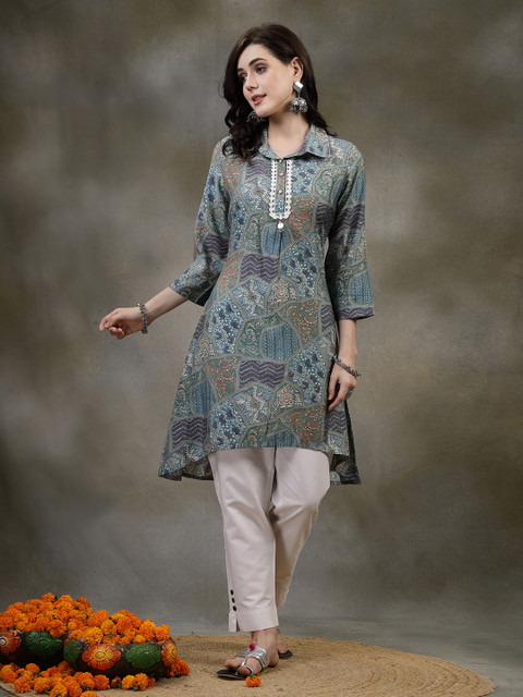 Nayam By Lakshita Green Floral Printed Shirt Collar Modal Kurti