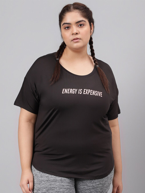 MKH Women Plus Size Typography Printed Drop shoulder Sleeves Dri-FIT Relaxed Fit T-shirt