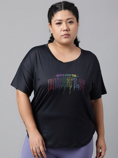 MKH Women Plus Size Typography Printed Drop shoulder Sleeves Dri-FIT Relaxed Fit T-shirt