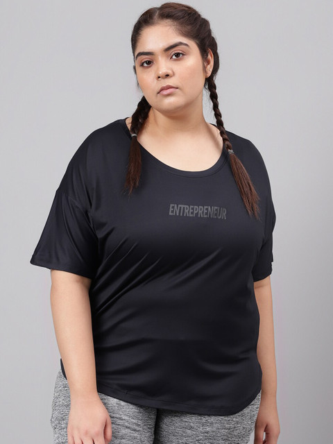 MKH Women Plus Size Typography Printed Drop shoulder Sleeves Dri-FIT Relaxed Fit T-shirt