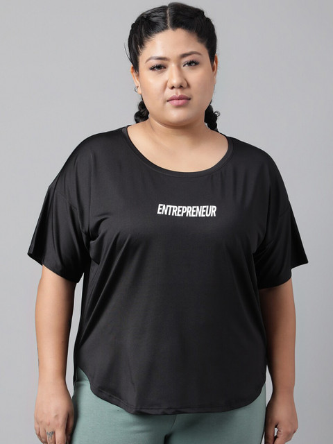 MKH Women Plus Size Typography Printed Drop shoulder Sleeves Dri-FIT Relaxed Fit T-shirt