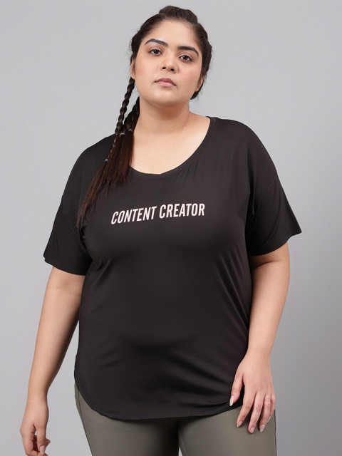 MKH Plus Size Typography Printed Drop-Shoulder Sleeves Relaxed Fit Dri-FIT T-shirt