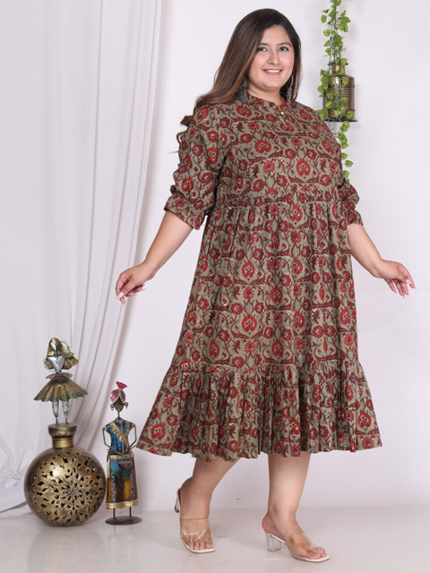 Swasti Plus Size Floral Printed Mandarin Collar Puffed Sleeves Fit & Flare Midi Dress - Image 3