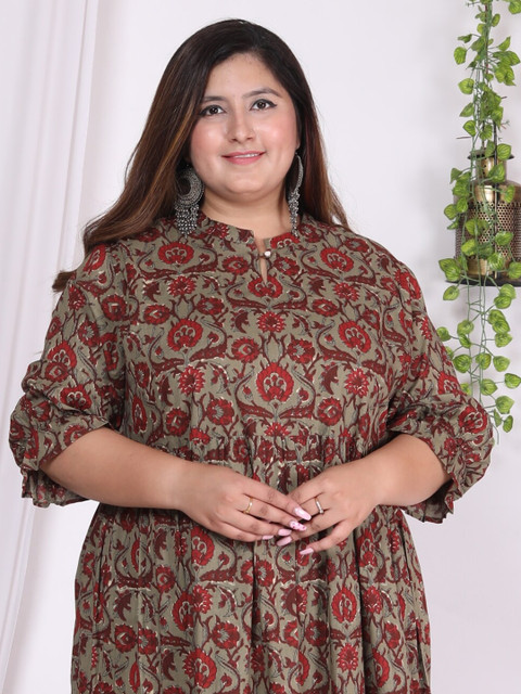 Swasti Plus Size Floral Printed Mandarin Collar Puffed Sleeves Fit & Flare Midi Dress - Image 2
