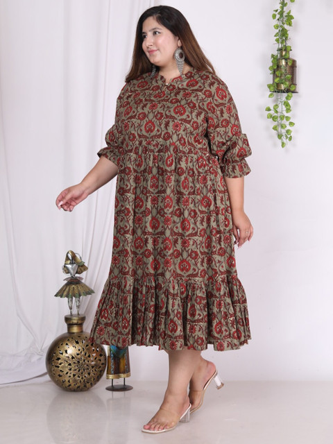 Swasti Plus Size Floral Printed Mandarin Collar Puffed Sleeves Fit & Flare Midi Dress - Image 4