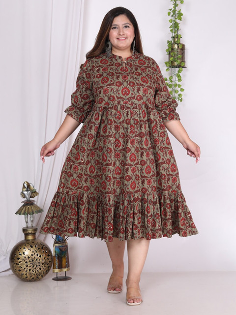 Swasti Plus Size Floral Printed Mandarin Collar Puffed Sleeves Fit & Flare Midi Dress - Image 6