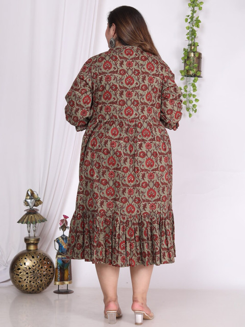 Swasti Plus Size Floral Printed Mandarin Collar Puffed Sleeves Fit & Flare Midi Dress - Image 5