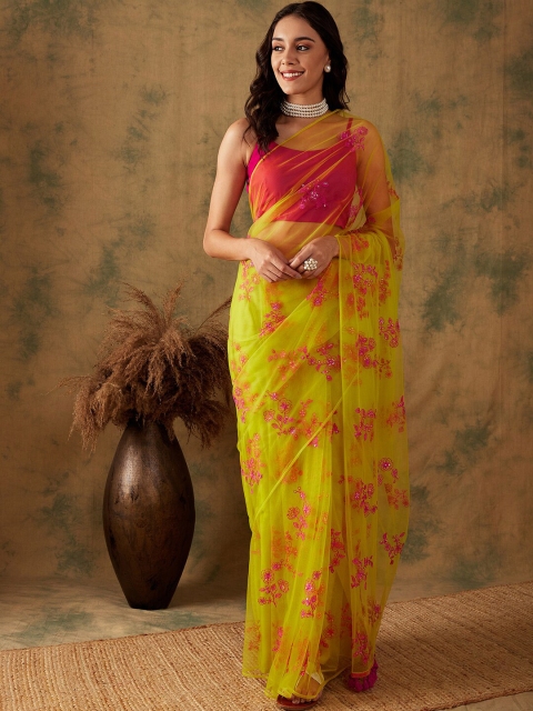 Sangria Women Floral Multithread Sequins Embroidered Saree with Blouse Piece - Image 5