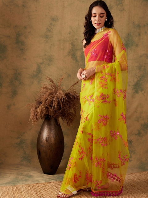 Sangria Women Floral Multithread Sequins Embroidered Saree with Blouse Piece - Image 4