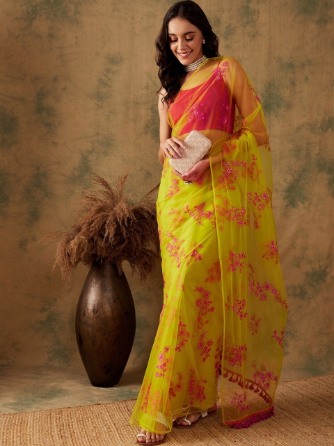 Sangria Women Floral Multithread Sequins Embroidered Saree with Blouse Piece - Image 2