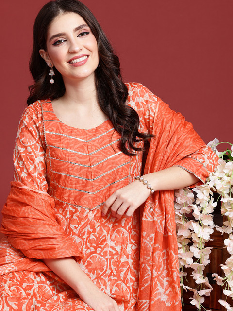 Anouk Women Floral Printed Regular Gotta Patti Cotton Kurta with Trousers & Dupatta