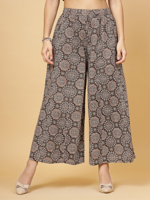 Pistaa Floral Printed Cotton Flared Palazzos