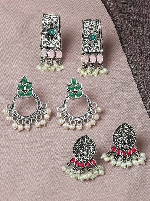 OOMPH Set Of 3 Floral Oxidised Jhumkas