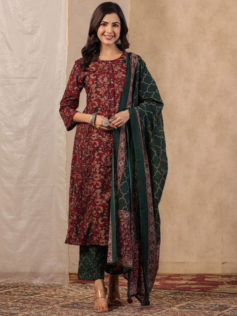 Sangria Floral Printed Pure Cotton Straight Kurta With Trouser & Dupatta