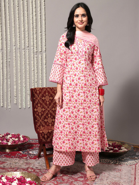 Varanga Floral Printed Pure Cotton A-Line Kurta With Trousers & Dupatta - Image 2
