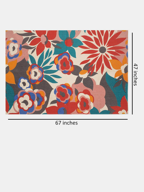 BLANC9 Cream & Red Floral Printed Cotton Carpet - Image 7