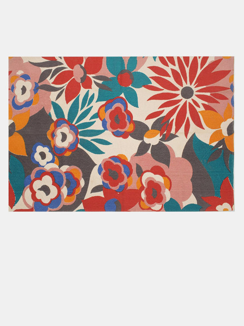 BLANC9 Cream & Red Floral Printed Cotton Carpet - Image 2