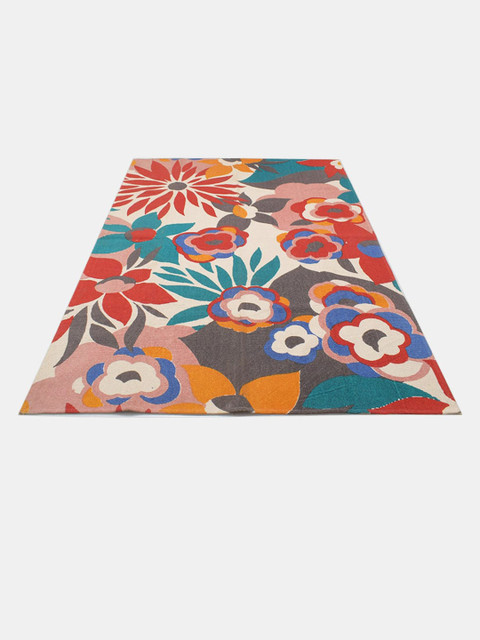 BLANC9 Cream & Red Floral Printed Cotton Carpet - Image 3