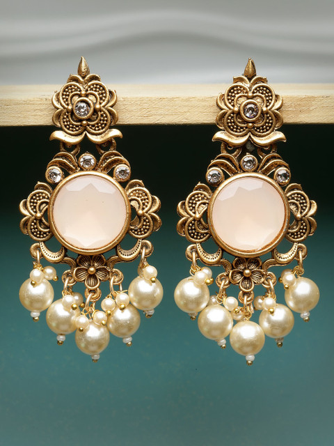 ADIVA Gold-Plated Stone Studded & Beaded Drop Earrings