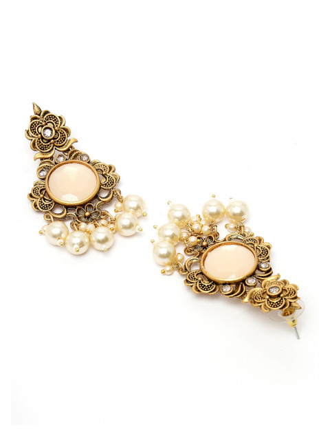 ADIVA Gold-Plated Stone Studded & Beaded Drop Earrings - Image 3
