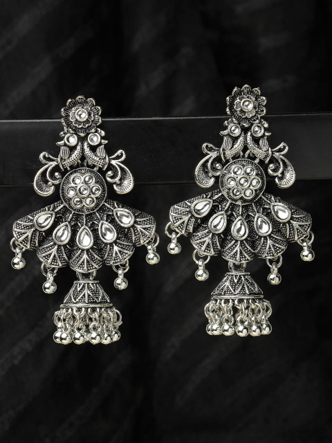ADIVA Silver-Plated Contemporary Oxidized Jhumkas Earrings