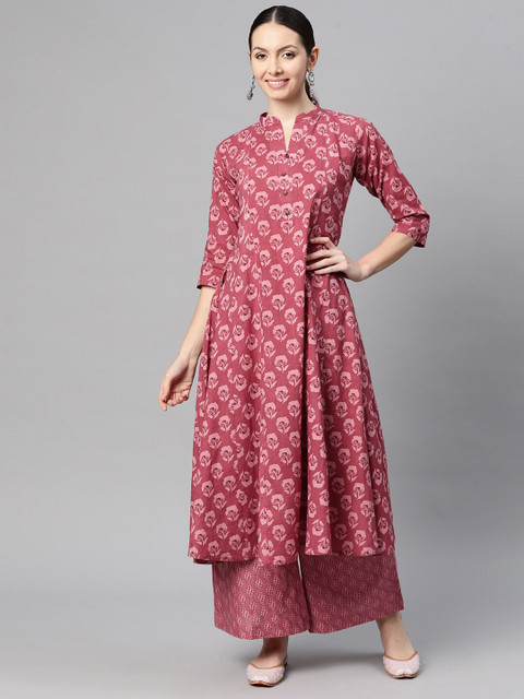 Indibelle Floral Printed Mandarin Collar Cotton Anarkali Kurta