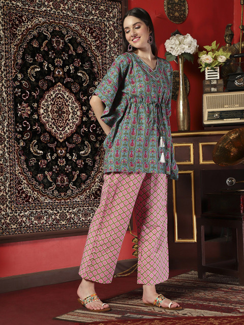 Sangria X fwd Printed Ethnic Pure Cotton Kaftan Top with Trousers - Image 3