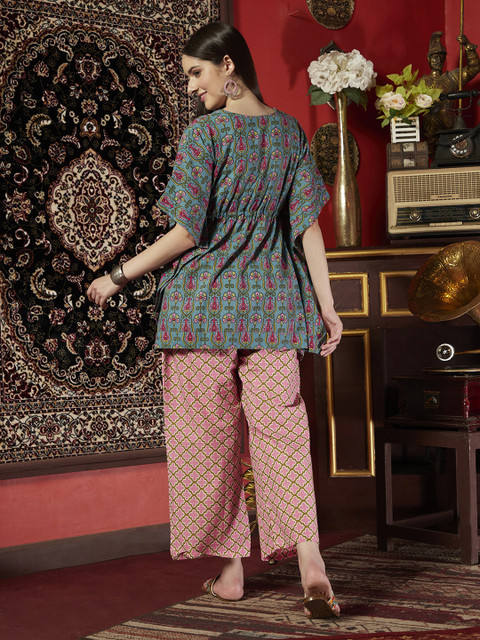 Sangria X fwd Printed Ethnic Pure Cotton Kaftan Top with Trousers - Image 5