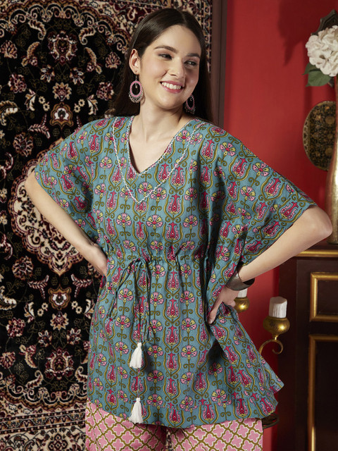 Sangria X fwd Printed Ethnic Pure Cotton Kaftan Top with Trousers - Image 6