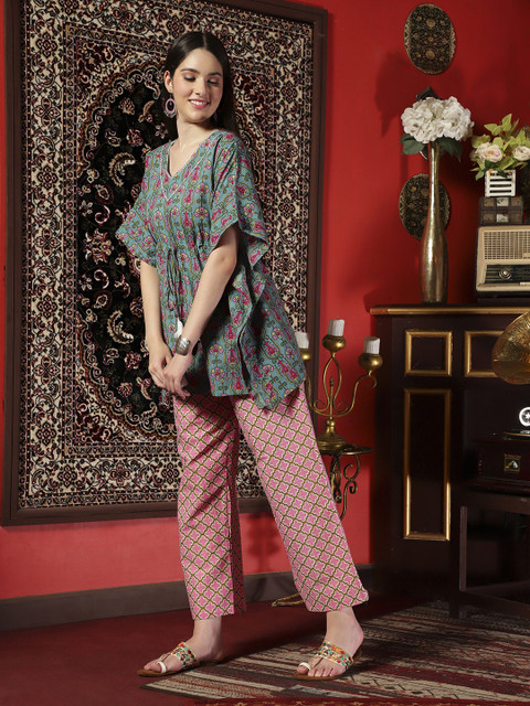Sangria X fwd Printed Ethnic Pure Cotton Kaftan Top with Trousers - Image 4