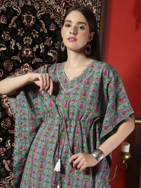 Sangria X fwd Printed Ethnic Pure Cotton Kaftan Top with Trousers - Image 2