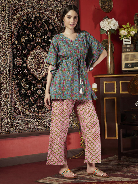Sangria X fwd Printed Ethnic Pure Cotton Kaftan Top with Trousers