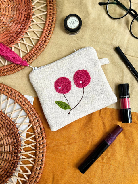 JASMEY HOMES Cherry Embroidered Cotton Pouch