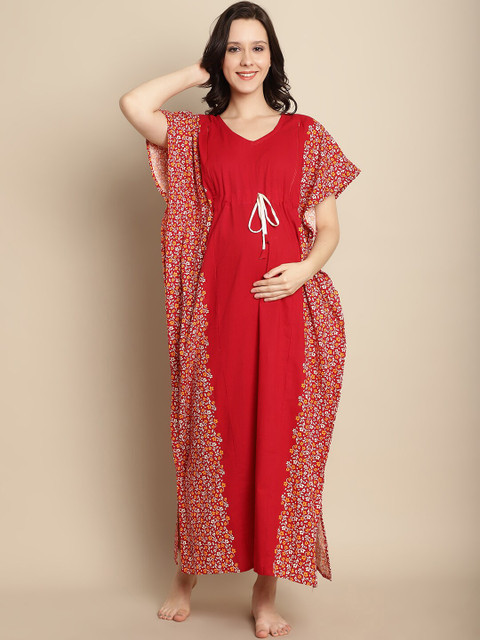Secret Wish Maternity Floral Printed Pure Cotton Maxi Kaftan Nightdress