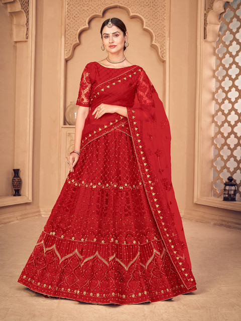 KALINI Embroidered Beads and Stones Semi-Stitched Lehenga & Unstitched Blouse With Dupatta
