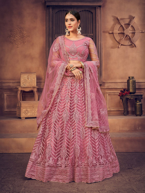 KALINI Embroidered Thread Work Semi-Stitched Lehenga & Unstitched Blouse With Dupatta
