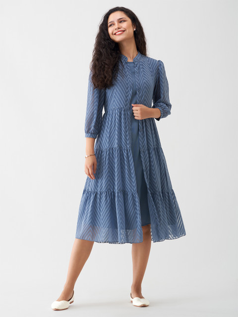 AASK Chevron Printed Band Collar Puff Sleeve Tiered Fit & Flare Midi Dress