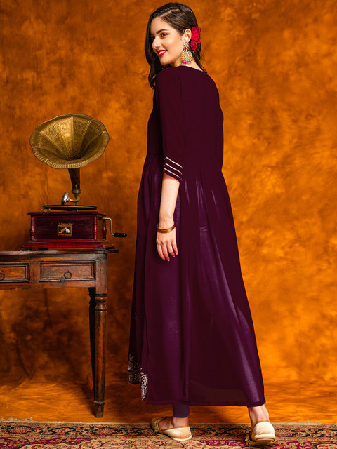 KALINI Floral Embroidered Thread Work Pleated Georgette Kurta - Image 4