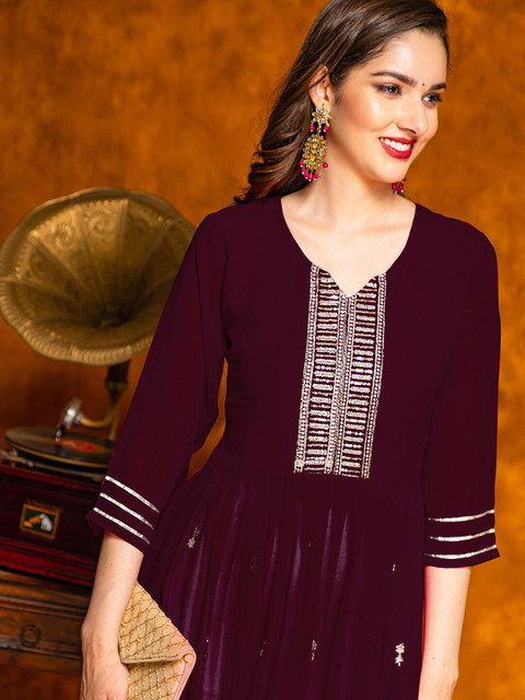 KALINI Floral Embroidered Thread Work Pleated Georgette Kurta - Image 2