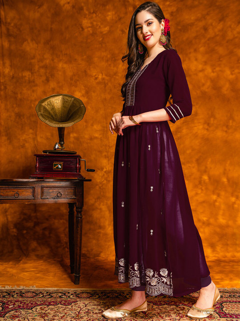 KALINI Floral Embroidered Thread Work Pleated Georgette Kurta - Image 3