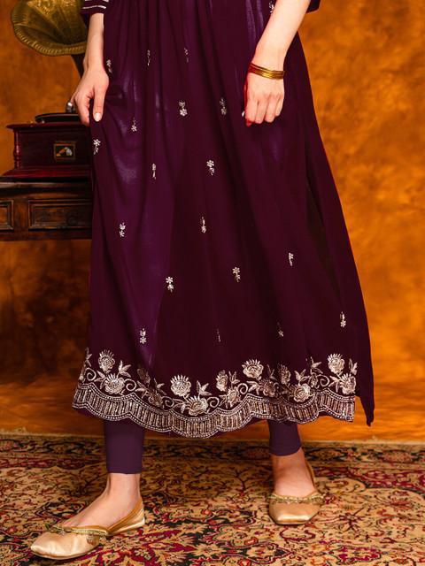 KALINI Floral Embroidered Thread Work Pleated Georgette Kurta - Image 5