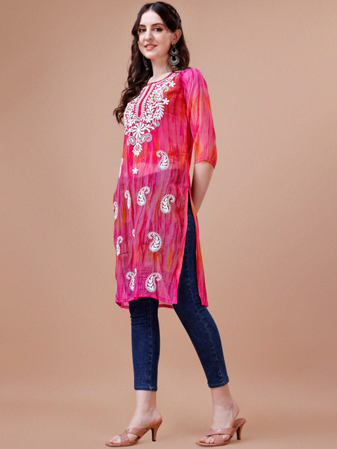 KALINI Pailey Embroidered Chikankari Shadow Work Georgette Straight Kurta - Image 3