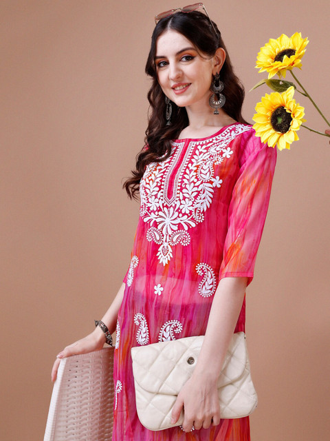 KALINI Pailey Embroidered Chikankari Shadow Work Georgette Straight Kurta - Image 5