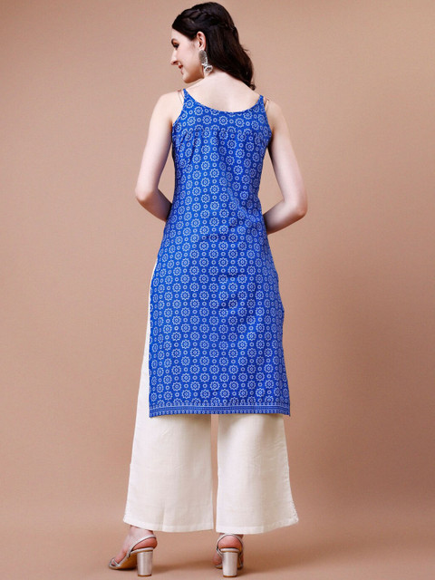 KALINI Floral Printed Sleeveless Thread Work Patch Work Straight Kurta - Image 4