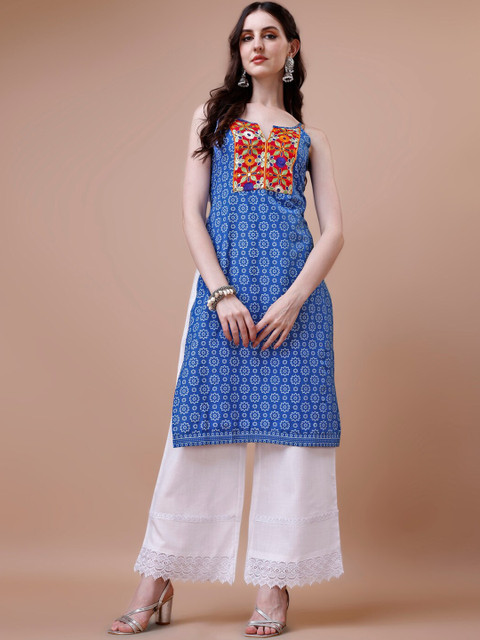 KALINI Floral Printed Sleeveless Thread Work Patch Work Straight Kurta - Image 2