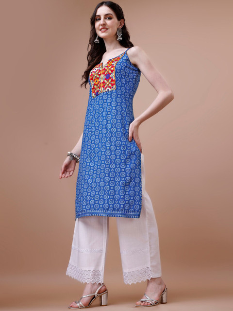 KALINI Floral Printed Sleeveless Thread Work Patch Work Straight Kurta - Image 3